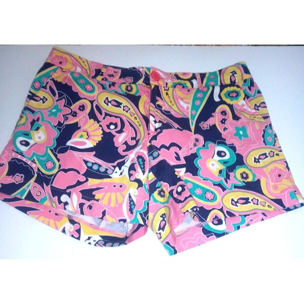 Tracy Negosian Shorts Womens Sz 12 Bold Print Flat Front Chino Pink Blue Yellow